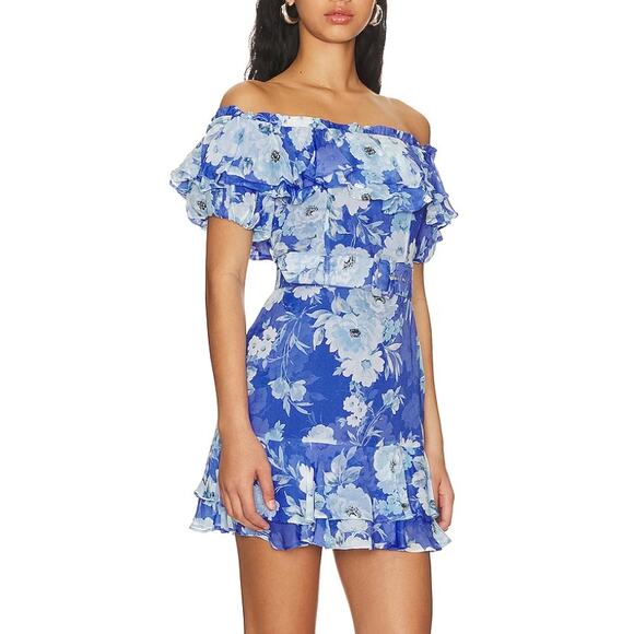Yumi Kim Blue Floral Off The Shoulder Mini Dress LARGE Ruffle Wedding Guest NEW - Picture 2 of 8